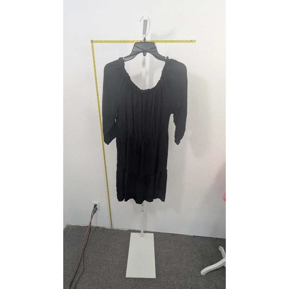 NY Collection Black Smocked Waist Peasant Dress Petite Large‎ PL Tiered Ruffle